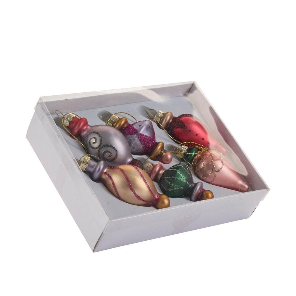 Mundblæste glasjulekugler i gaveæske, 6 stk - multi